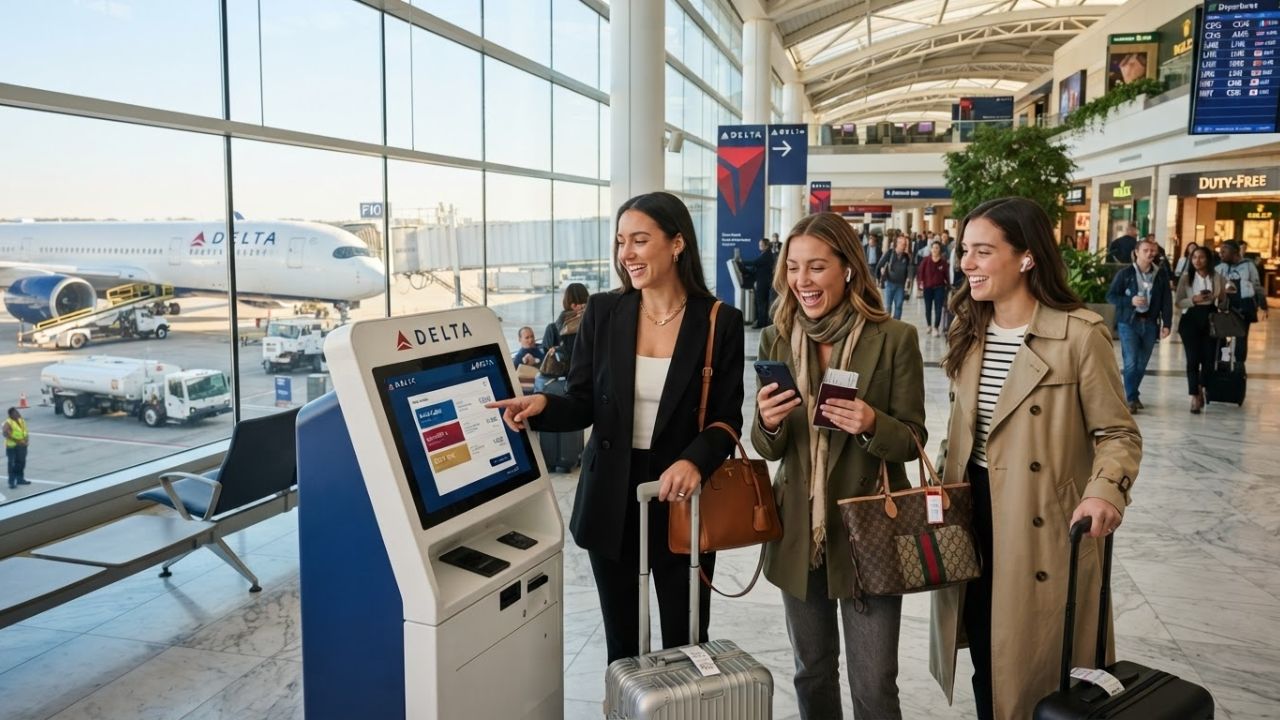 A Delta Air Lines aircraft parked at a boarding gate terminal