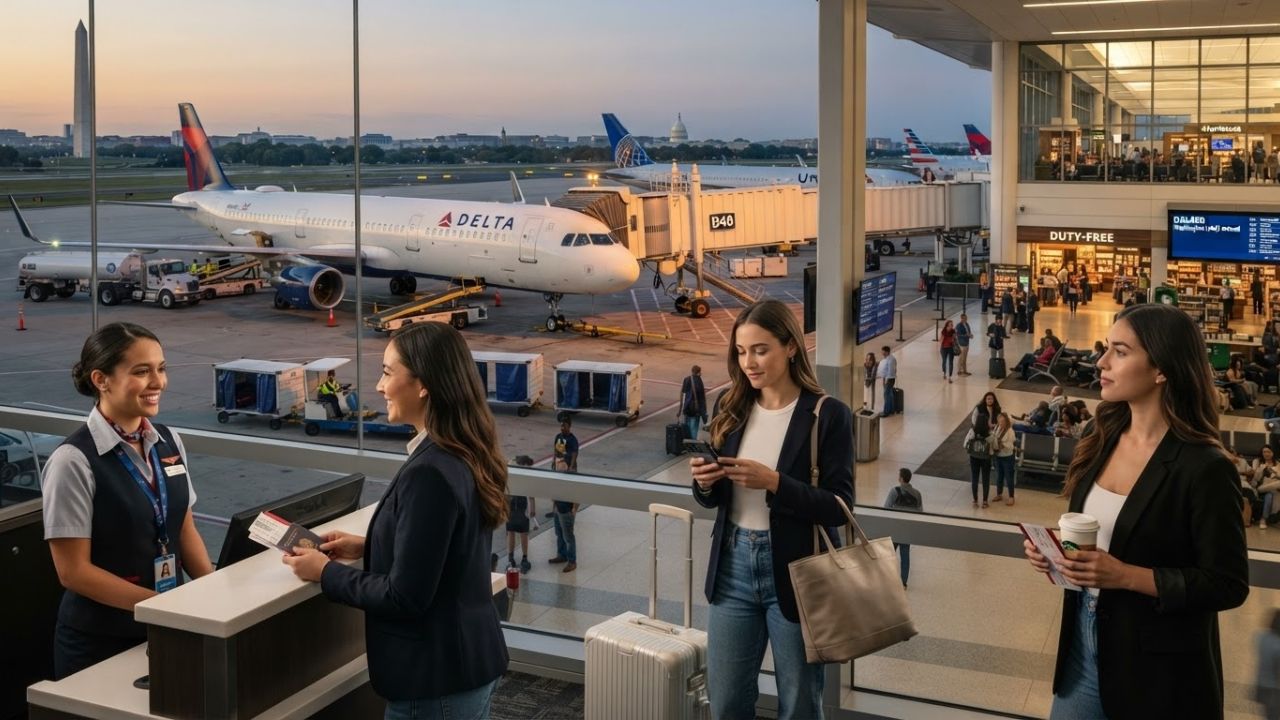 A Delta Air Lines Airbus A321 commercial passenger jet parked at an airport terminal gate during a night diversion