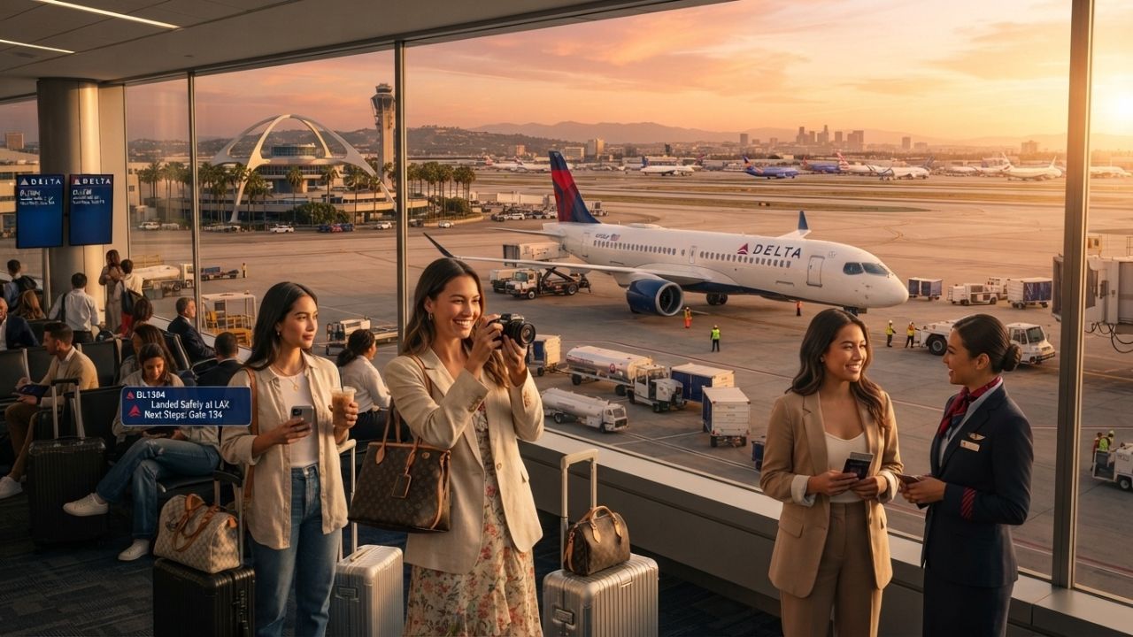 A Delta Air Lines Airbus A220 passenger aircraft landing on the runway at Los Angeles Airport