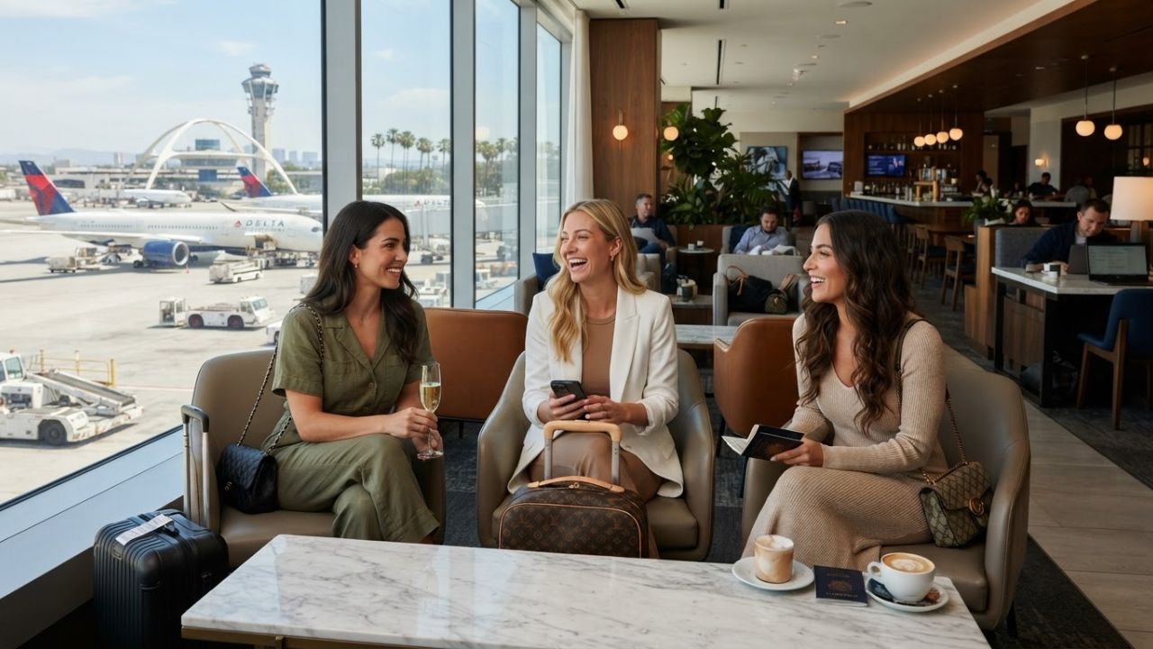 Interior of the new Delta One Lounge at LAX Terminal 2 featuring premium restaurant-style dining and lounge seating