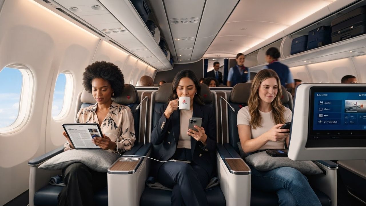 Passenger using seatback screen and smartphone inside airliner cabin