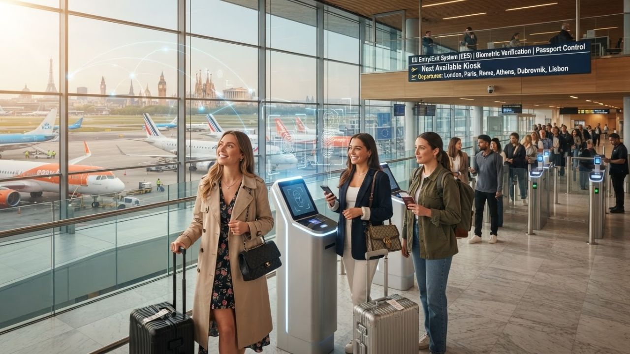 A traveler walking past biometric border checkpoints at a European airport passenger terminal