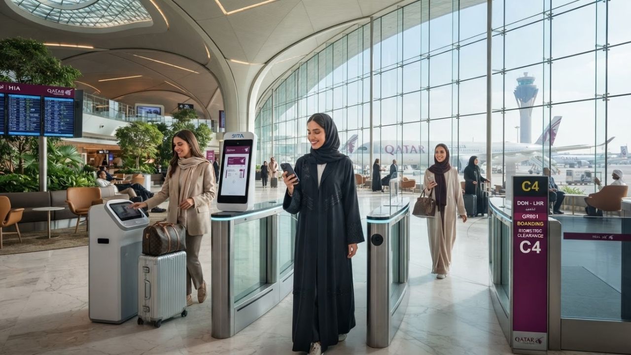 A passenger undergoing biometric facial recognition scan at Doha Hamad airport gate