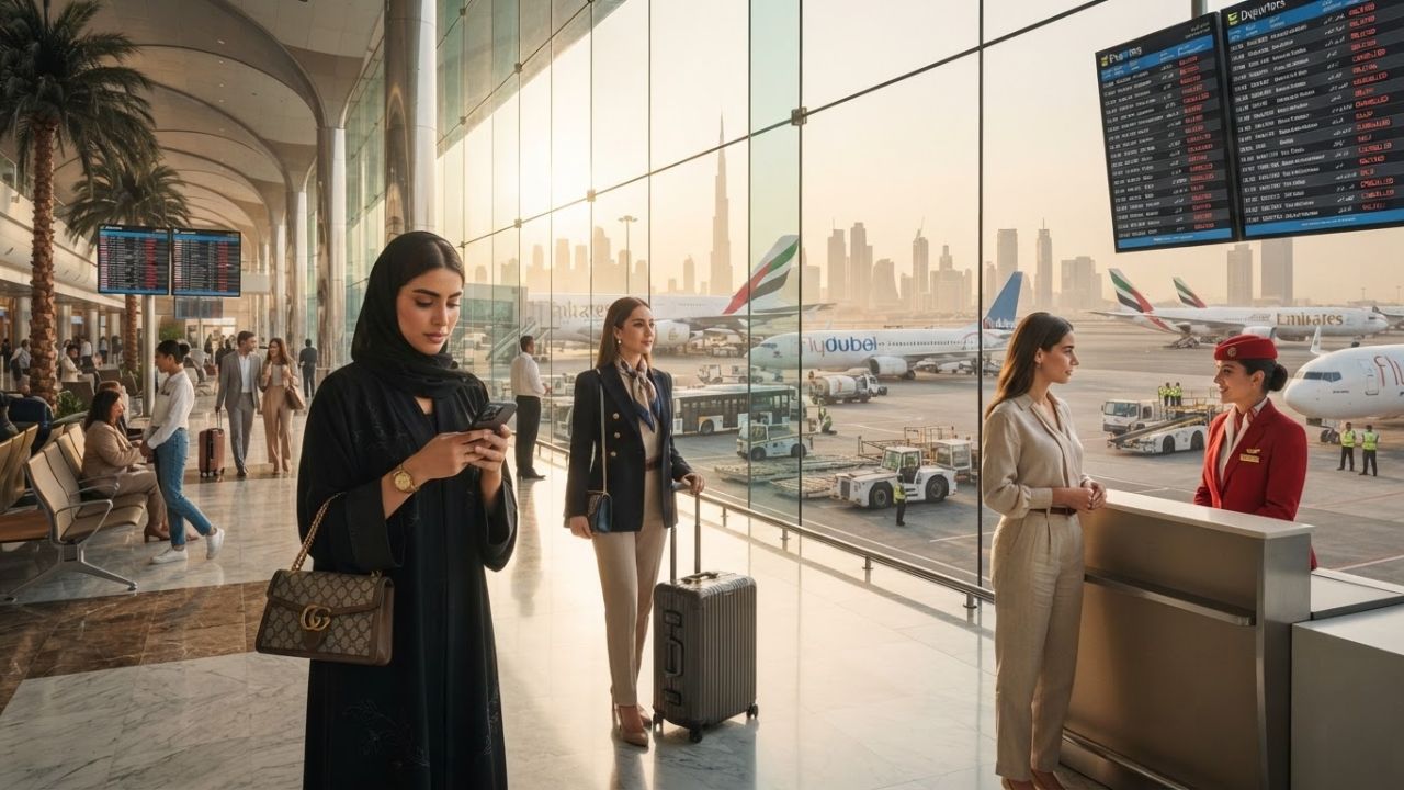 Heavy passenger queues inside the modern terminal of Dubai International Airport during flight schedule delays