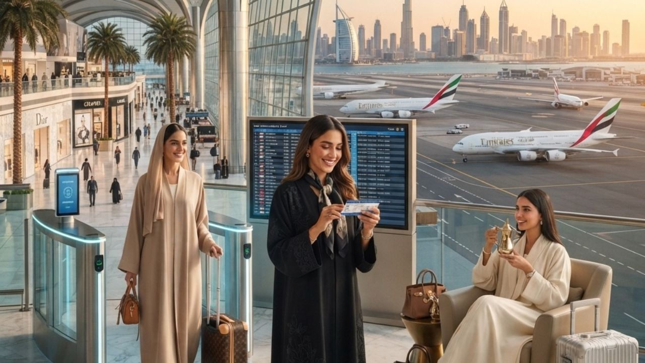 Modern architecture of Dubai International Airport Terminal 3 during passenger transit