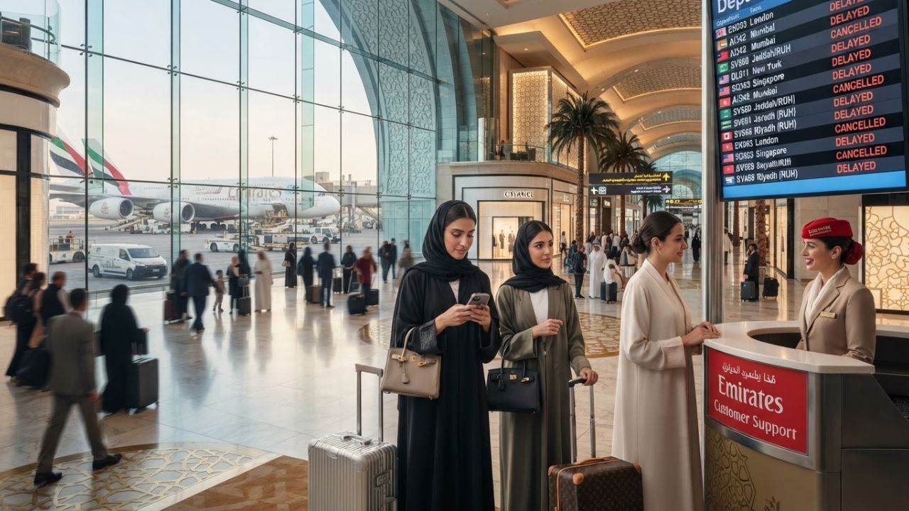 A busy terminal hall in Dubai International Airport with travelers checking flight status boards