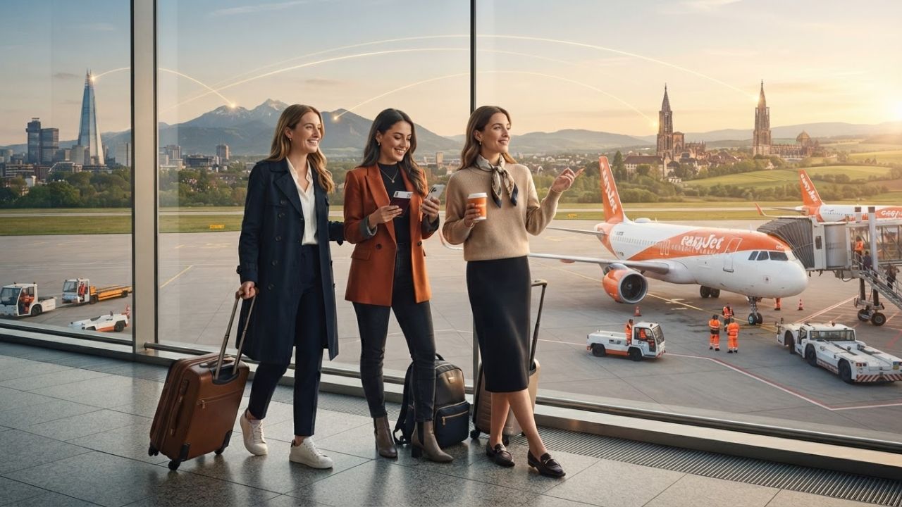 easyJet Airbus A320 commercial passenger jet parked at airport terminal boarding gate