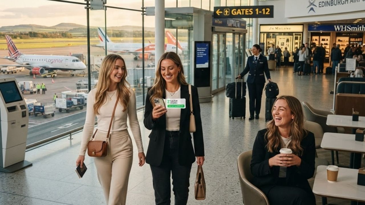 A traveler walking hands-free through Edinburgh Airport terminal after using offsite check-in