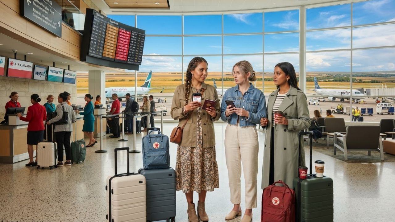 Passengers waiting inside the terminal at Edmonton International Airport