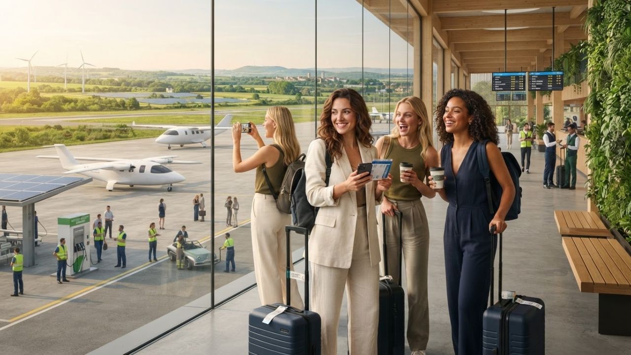 A sleek electric regional aircraft parked at a charging station on a modern airport ramp