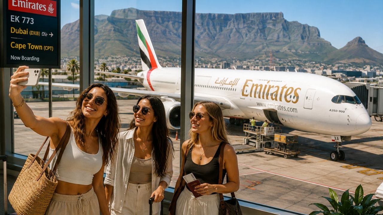 Emirates Airbus A350 taking off from Dubai International Airport with city skyline in background
