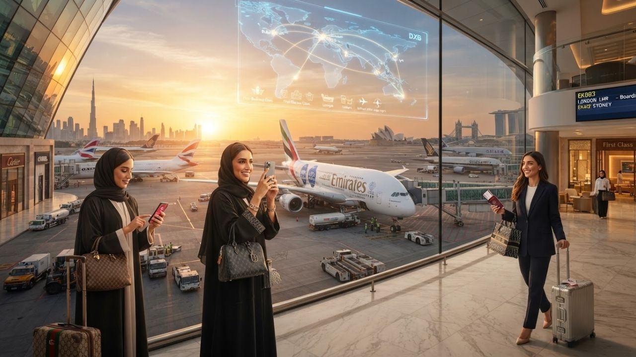 An Emirates Airbus A380 parked next to a Boeing 777 passenger jet at an airport terminal gate