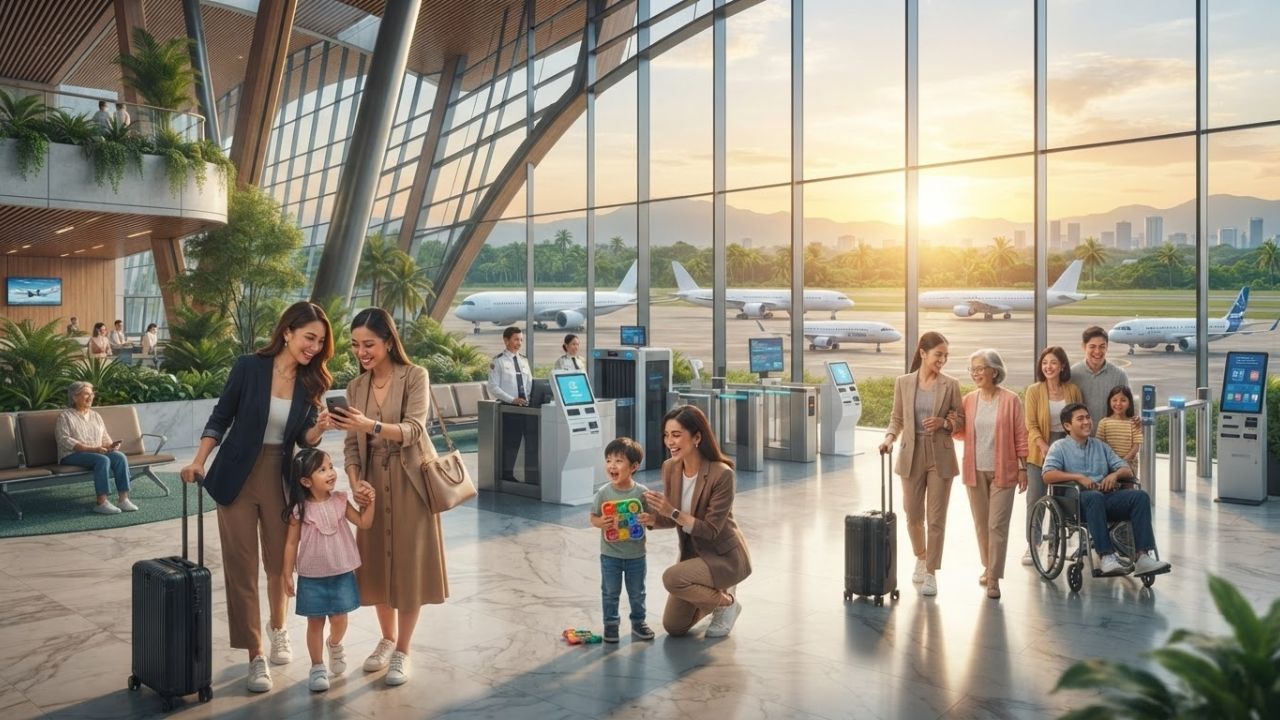 A supportive flight attendant smiling and assisting a child and family near the boarding gate at Clark Airport