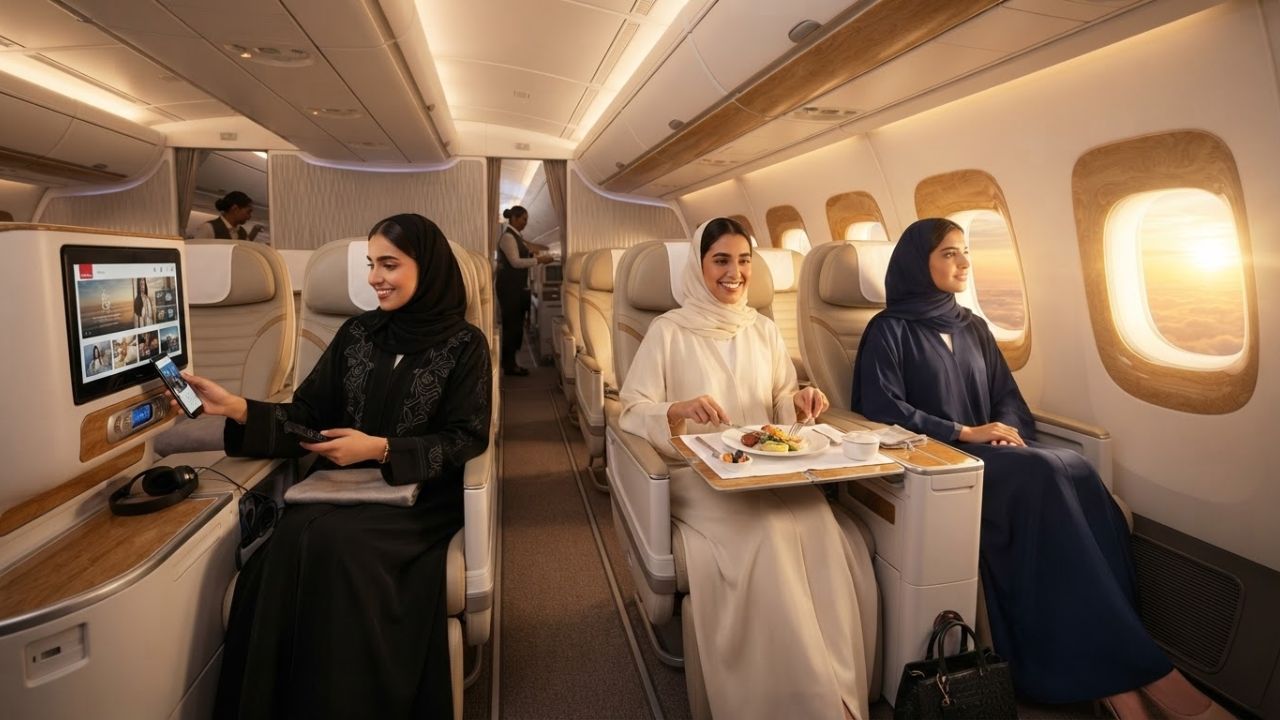 Interior view of a refurbished Emirates airplane cabin showing new seats and finishes
