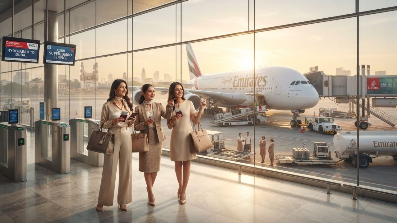 A massive Emirates double-decker Airbus A380 airplane parked at an airport boarding gate