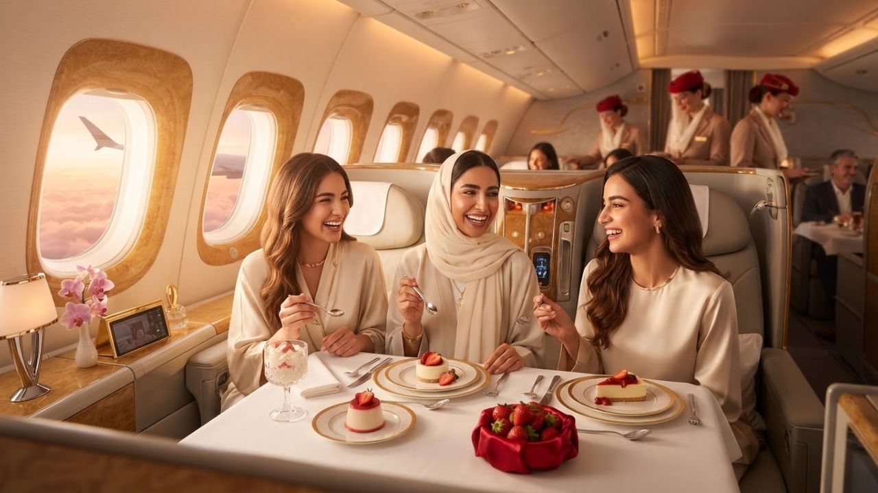 A premium inflight dessert plate featuring fresh strawberries and white chocolate garnish