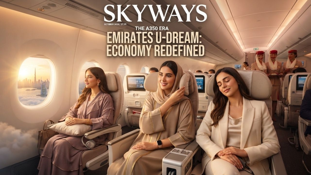A passenger adjusting the folding wings of a U-Dream headrest in an Emirates Economy Class cabin