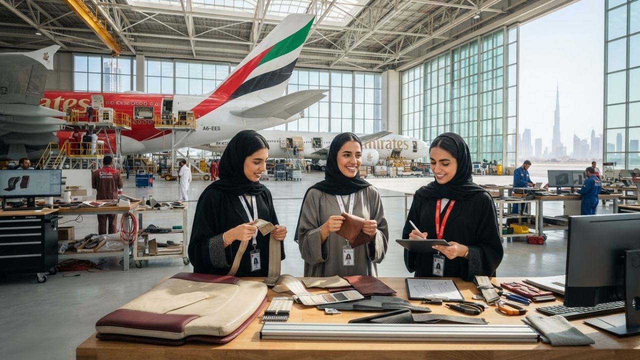 Engineering students working with recycled aircraft seat fabrics and carbon parts inside a modern design studio in Dubai