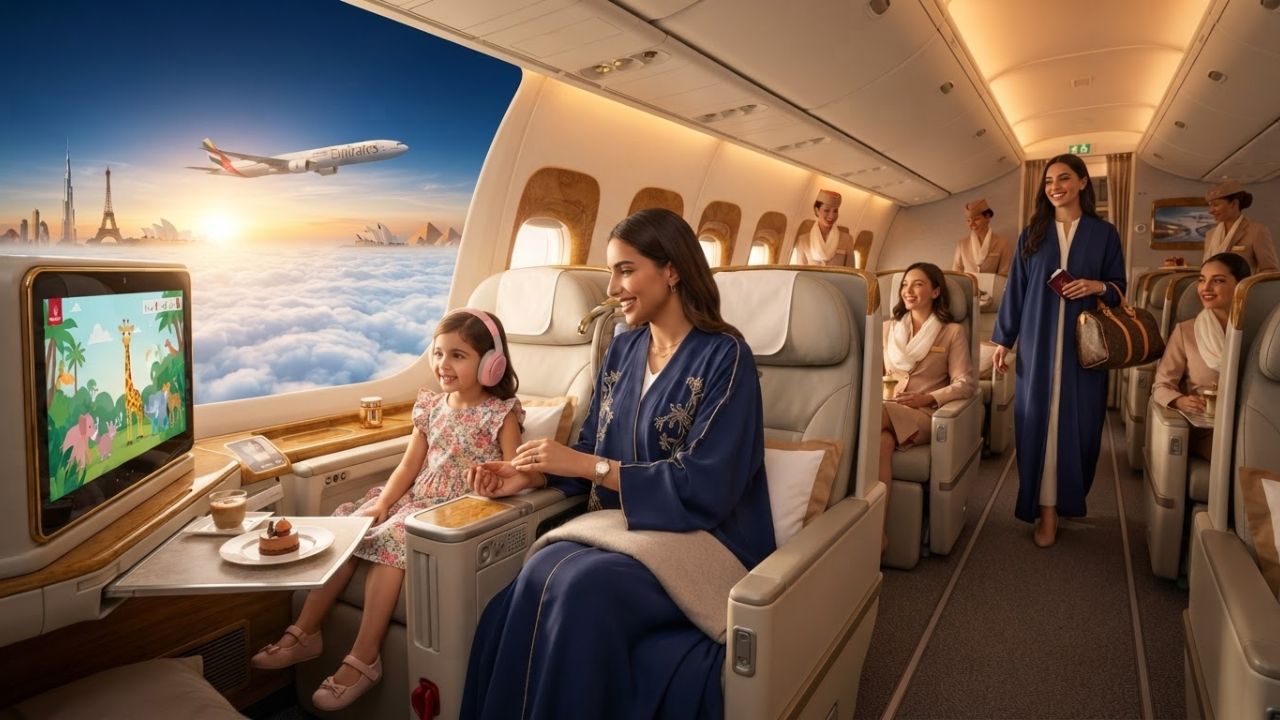 Young passenger watching children's content on ice inflight screen aboard Emirates flight