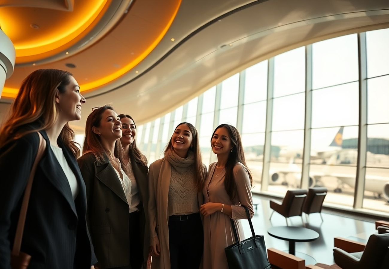 Modern Emirates lounge interior with contemporary seating, dining areas, and work zones in Frankfurt airport