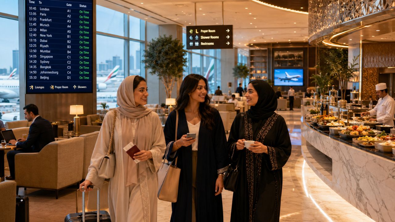 Interior view of a luxurious, modern airport lounge with comfortable seating and warm lighting