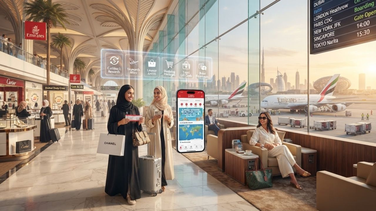 A traveler reviewing flight reward details on a mobile application inside an upscale airport lounge