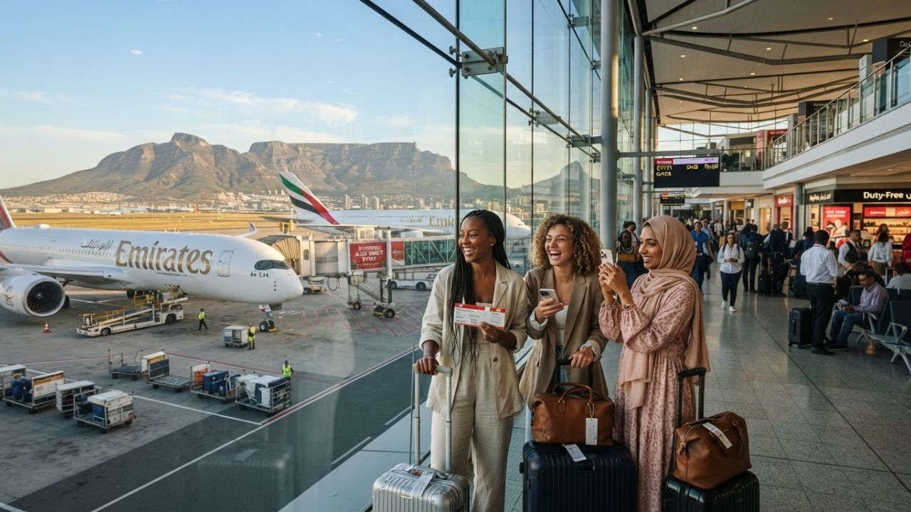 An Emirates Airbus A350 aircraft landing at Cape Town International Airport