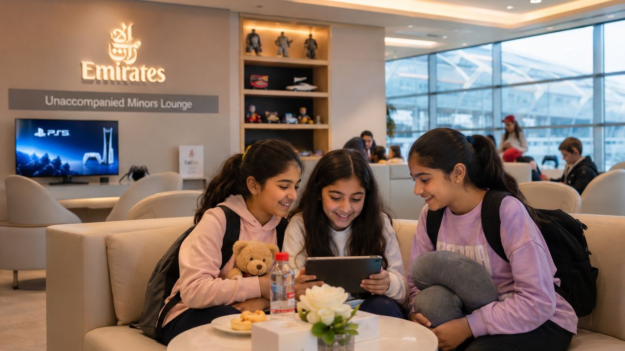 A comfortable children's airport lounge with play areas and comfortable seating