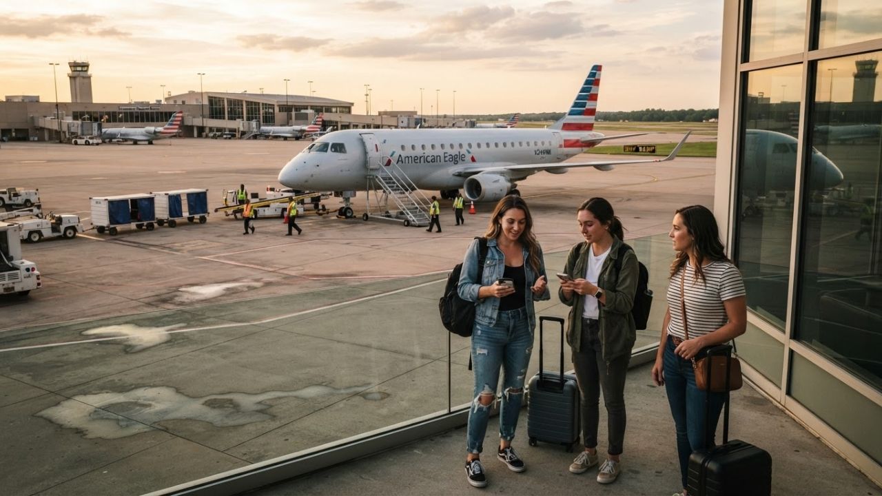 An Embraer regional jet taxiing at an airport terminal under daylight