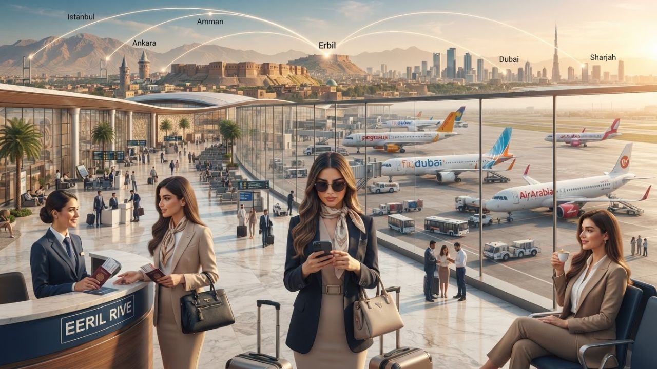 A commercial jet airliner preparing for takeoff on the runway at Erbil International Airport