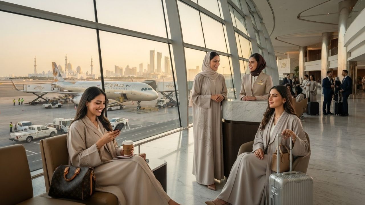 An Etihad Airways Airbus airplane taxiing on the runway at Zayed International Airport