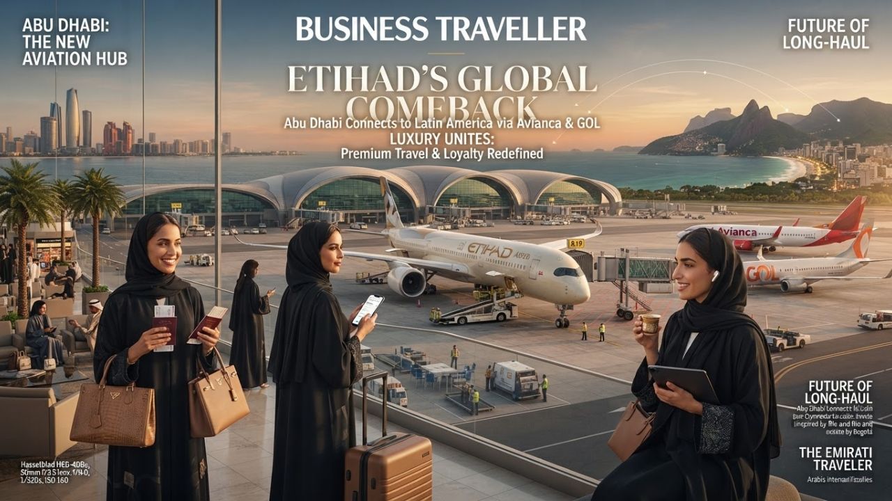 Etihad Airways passenger jet taxiing near modern terminal gate at Abu Dhabi