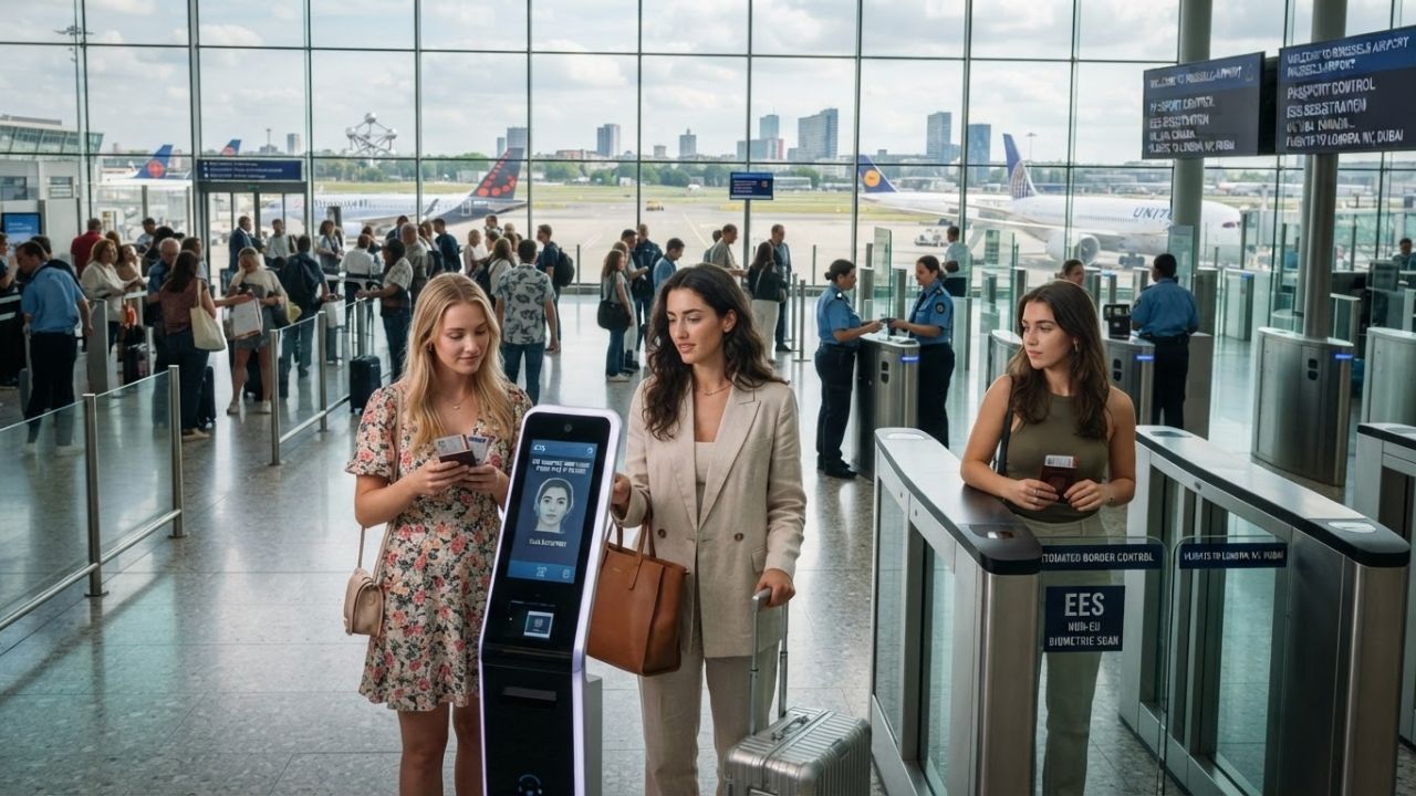 Passengers waiting in long queues at a European airport border control terminal