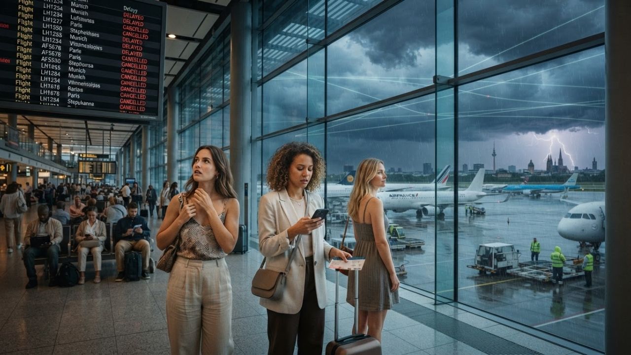 A busy European airport terminal gates crowded with aircraft waiting under stormy skies