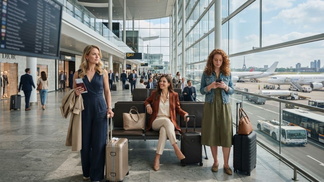 Passengers waiting in front of a flight departures board showing multiple delayed flights at a European airport terminal
