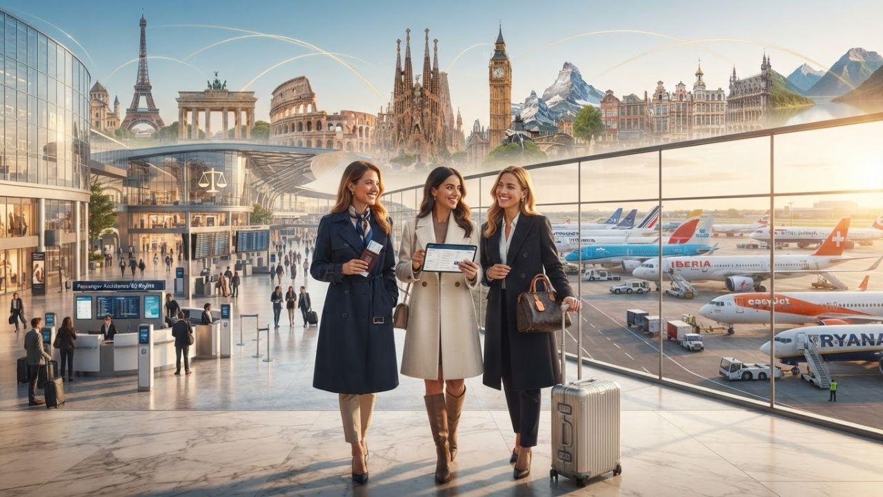 A passenger plane flying above historic European landmarks with documents representing passenger rights in the foreground
