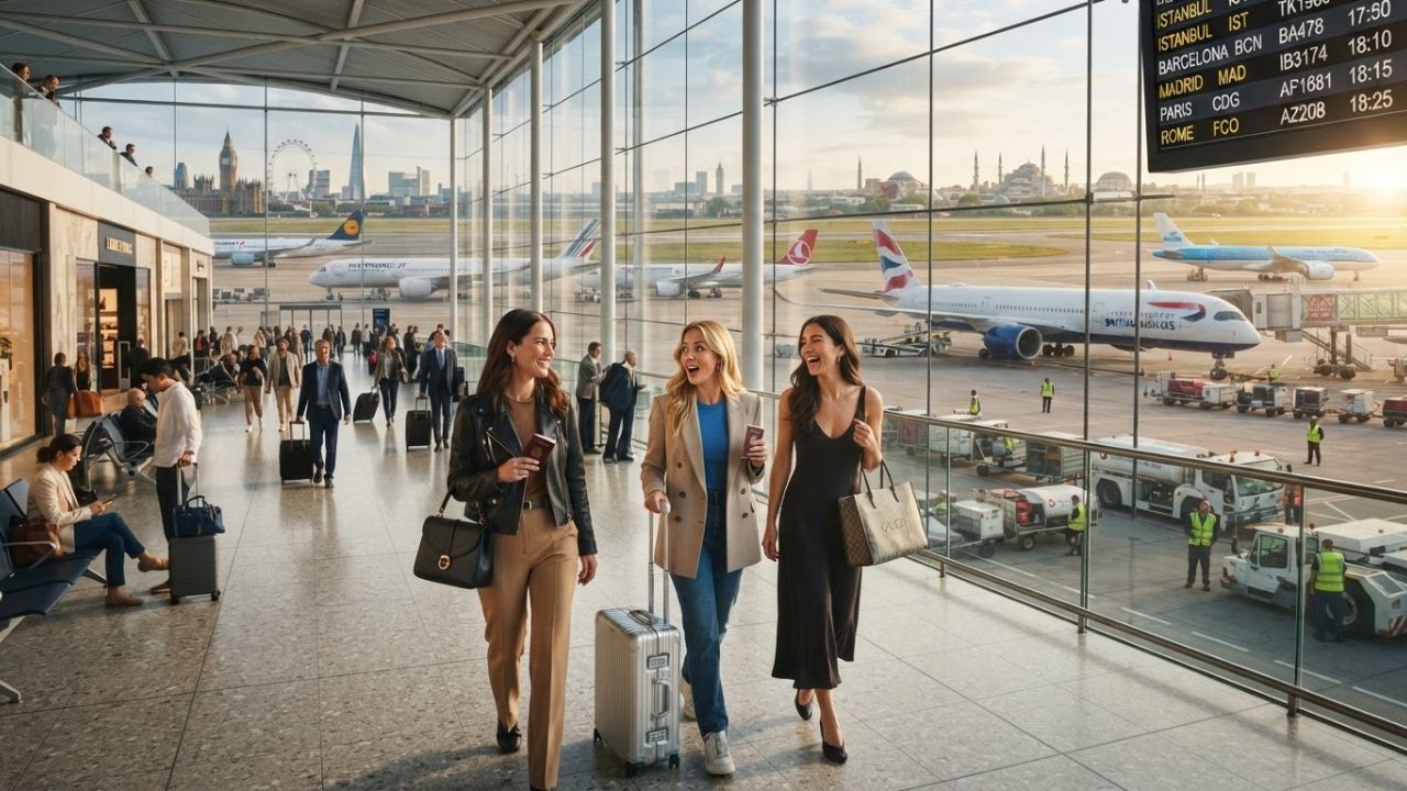 A busy terminal at a major European hub with multiple aircraft at gates, representing Heathrow and Istanbul airports