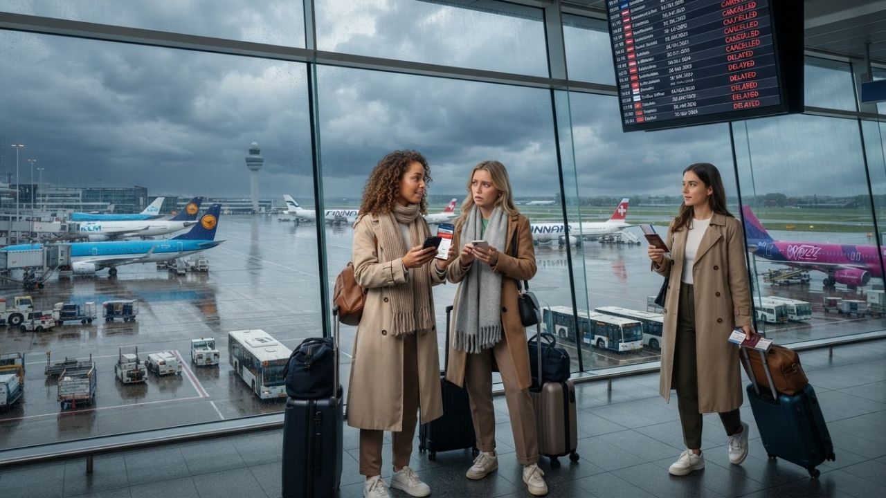 Crowds of delayed travelers checking flight departure boards showing cancellations at a major European terminal