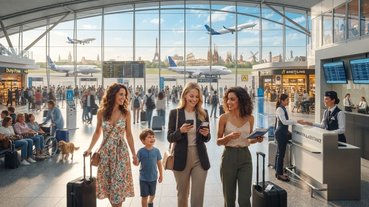 A group of passengers checking departure screens inside a modern European airport terminal