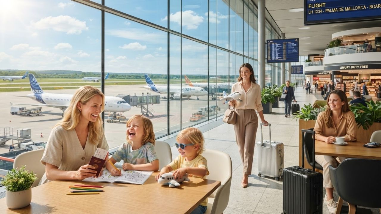 A family with children walking toward a passenger airliner parked on the airport tarmac under clear skies