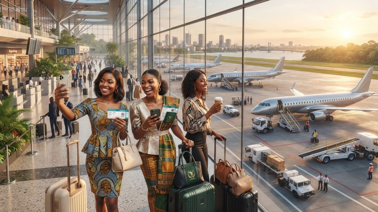 A commercial jet passenger aircraft painted in modern livery taxiing at Abidjan airport terminal gates