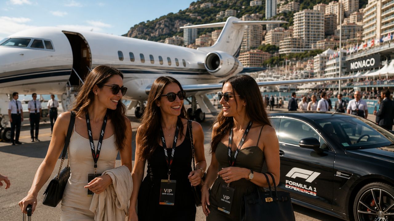 A private Flexjet business jet on an executive tarmac with a Formula 1 race circuit grandstand visible in the background