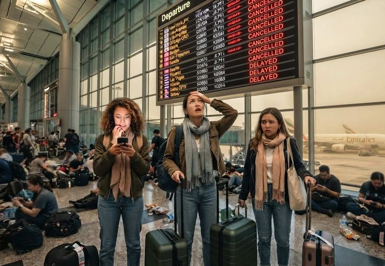 Airplanes grounded at a Middle Eastern airport hub during operational disruptions
