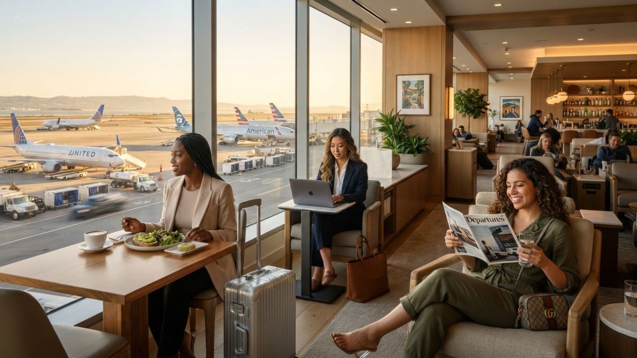 Luxury airport lounge bar area with champagne service