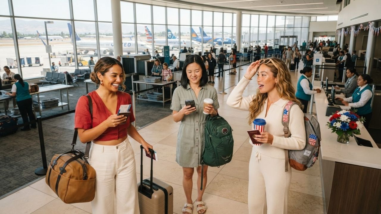 Passengers waiting in line at the Fresno Yosemite International Airport security checkpoint