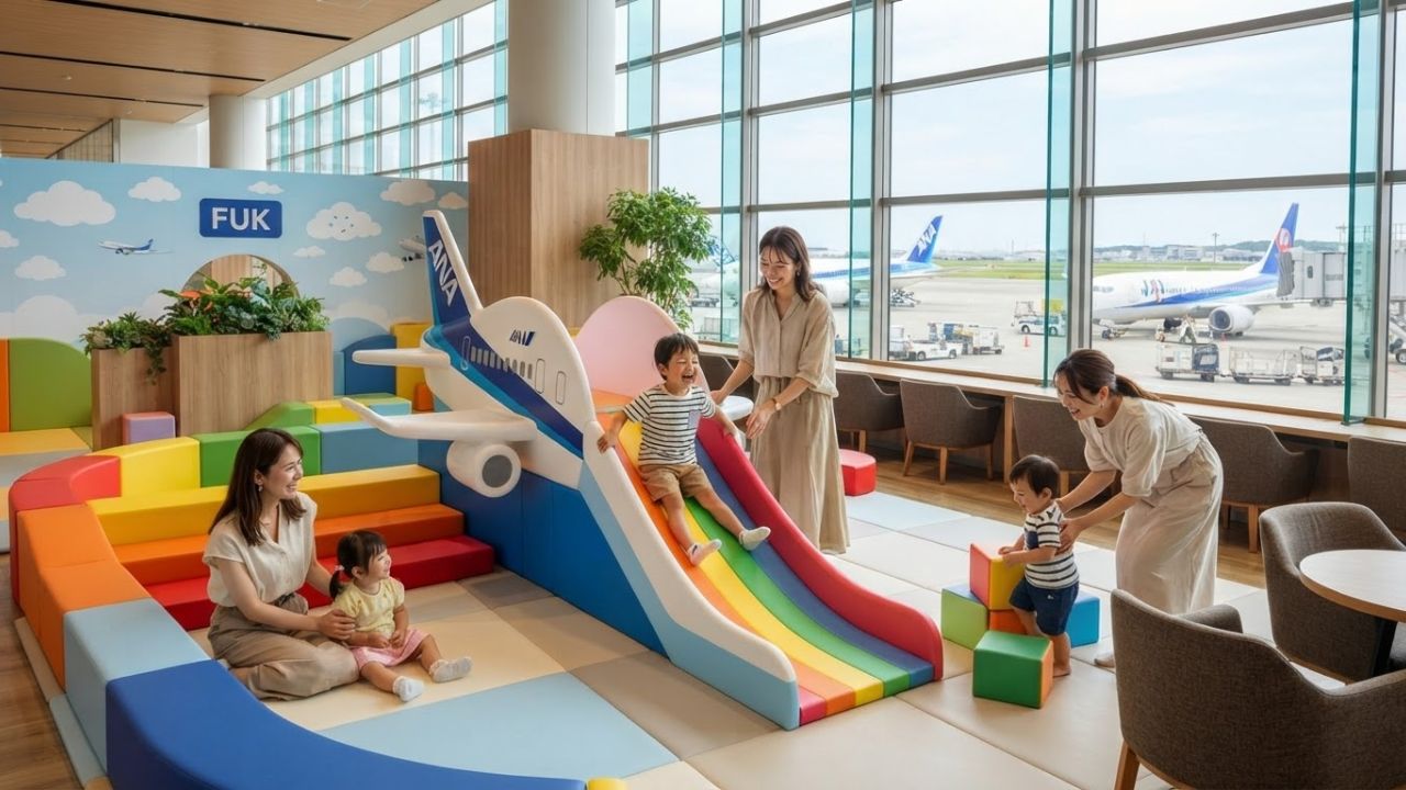 A newly renovated children's play area with an airplane slide at Fukuoka Airport