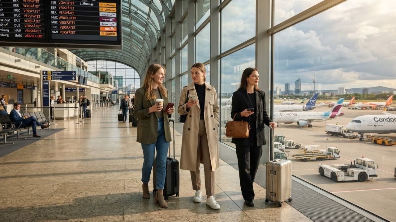A busy terminal building at Frankfurt Airport with passengers queuing at check-in desks