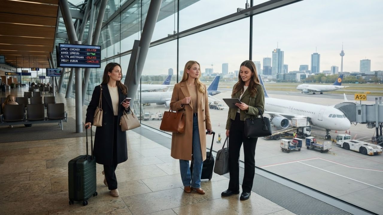 A terminal building at a major German airport with grounded passenger airplanes