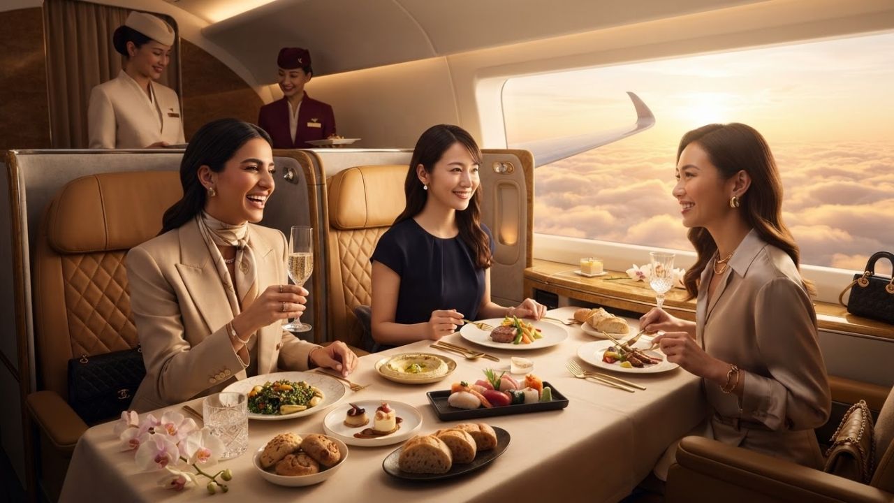 A premium business class flight meal tray with gourmet food and a glass of white wine