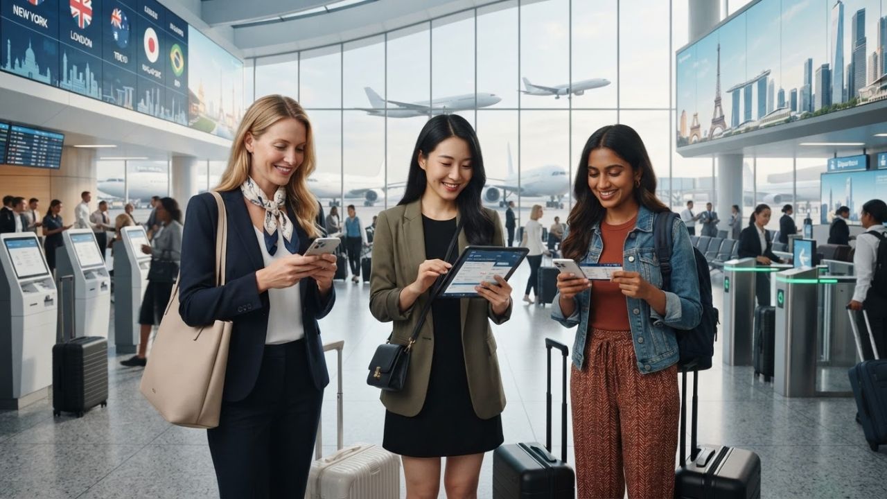 A digital display in a modern airport showing real-time flight bookings and scheduling data